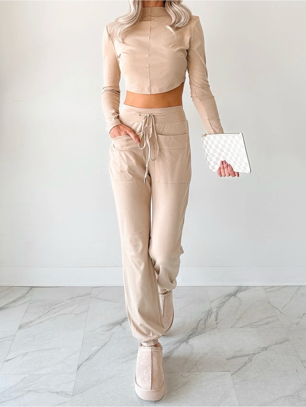 Women's High-Waist Drawstring Jogger Set in Beige